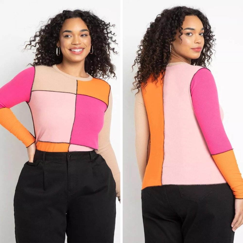 NEW Eloquii Pink Orange Patchwork Color Block Top, size 18/20